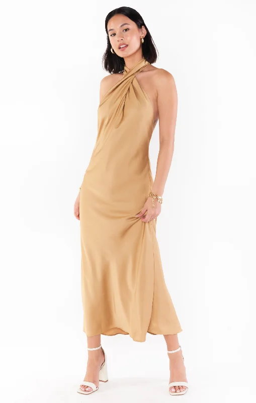 Jasmine Halter Midi Dress ~ True Gold Luxe Satin