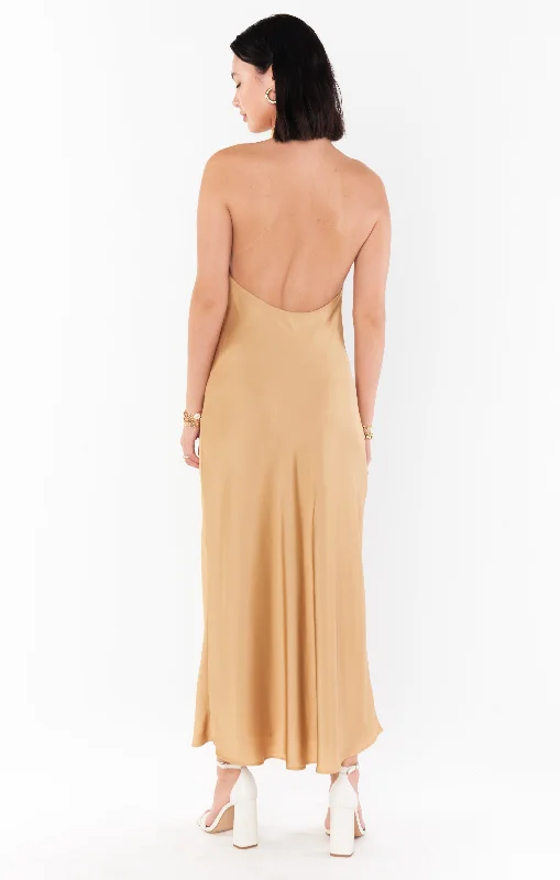 Jasmine Halter Midi Dress ~ True Gold Luxe Satin