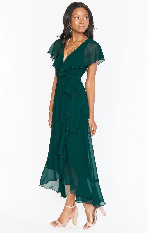 Jess Ruffle Midi Dress ~ Emerald Chiffon