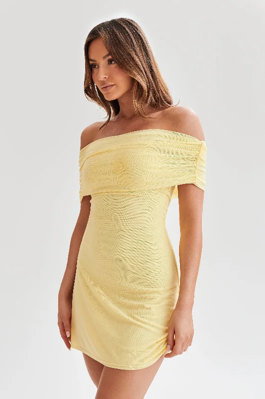 Josie Off Shoulder Mesh Mini Dress - Lemon