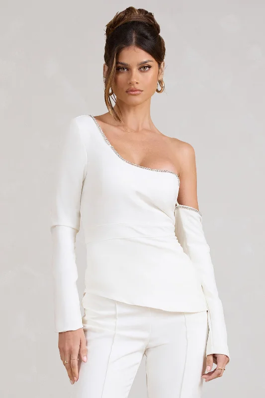 Lena | White Asymmetric Top with Diamante Trim