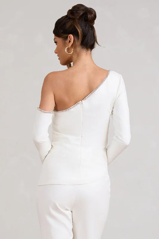 Lena | White Asymmetric Top with Diamante Trim