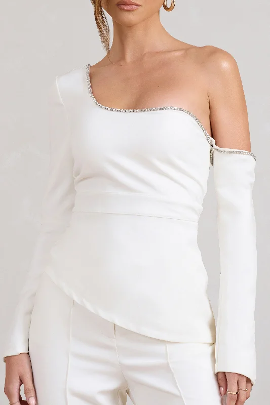 Lena | White Asymmetric Top with Diamante Trim