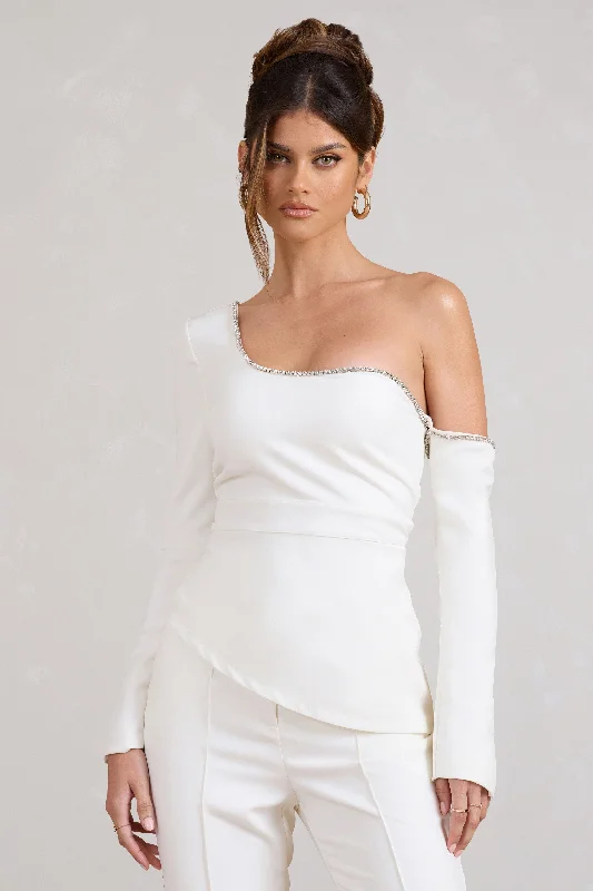 Lena | White Asymmetric Top with Diamante Trim