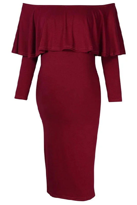 Long-Sleeved Ruffle Maternity Midi Wrap Dress