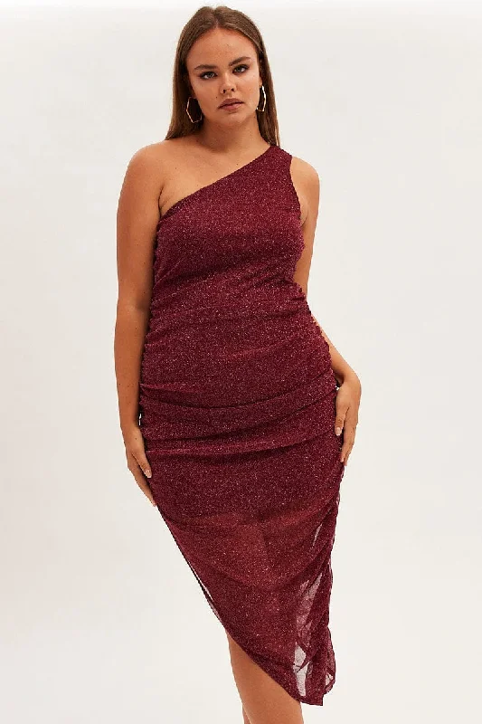 Metallic Midi Dress One Shoulder Asymmetrical Mesh