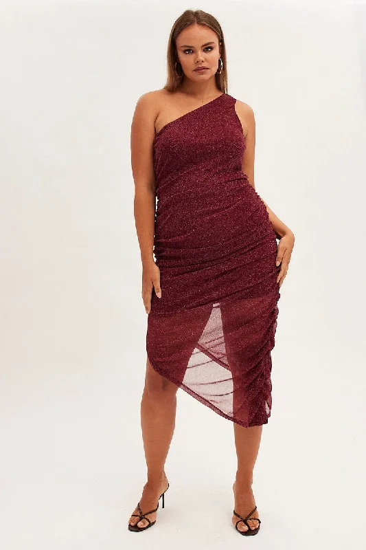 Metallic Midi Dress One Shoulder Asymmetrical Mesh