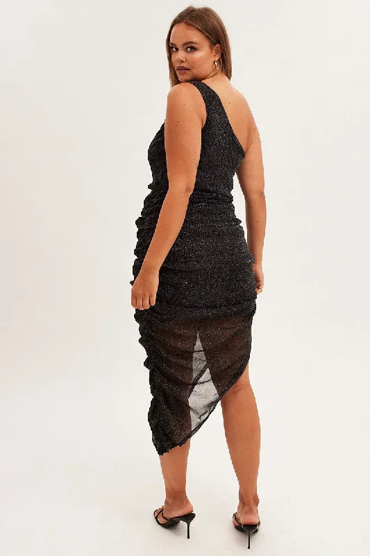 Metallic Midi Dress One Shoulder Asymmetrical Mesh