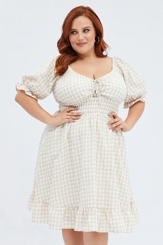 Multi Check Skater Dress Puff Sleeve Peephole Front Gingham