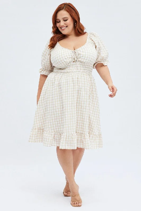 Multi Check Skater Dress Puff Sleeve Peephole Front Gingham