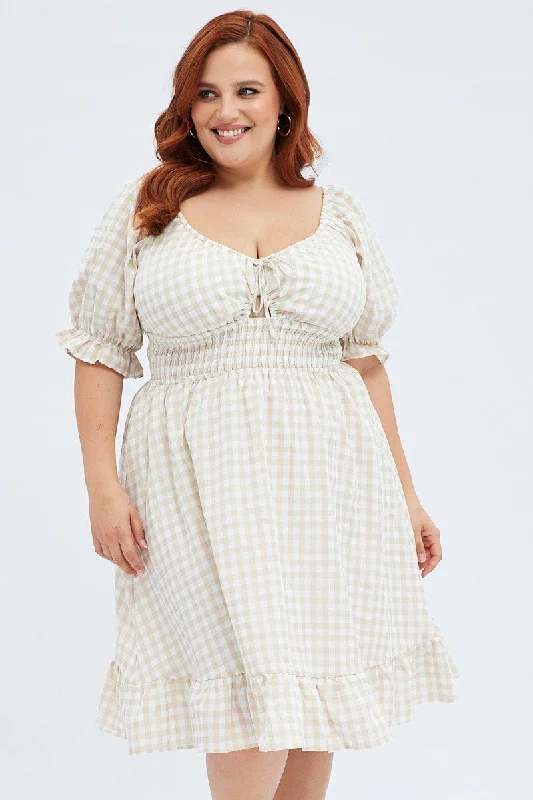 Multi Check Skater Dress Puff Sleeve Peephole Front Gingham