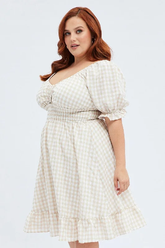 Multi Check Skater Dress Puff Sleeve Peephole Front Gingham