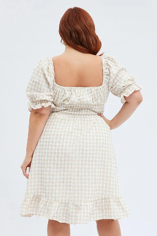 Multi Check Skater Dress Puff Sleeve Peephole Front Gingham