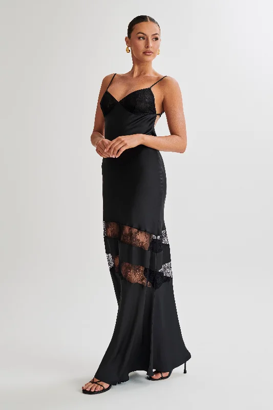 Myrna Satin Lace Maxi Dress - Black