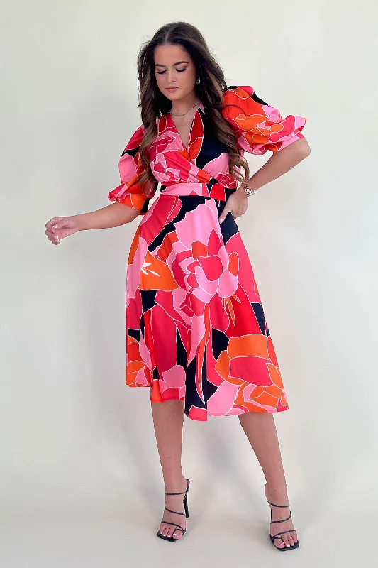 Nadine Pink & Orange Wrap Detail Midi Dress