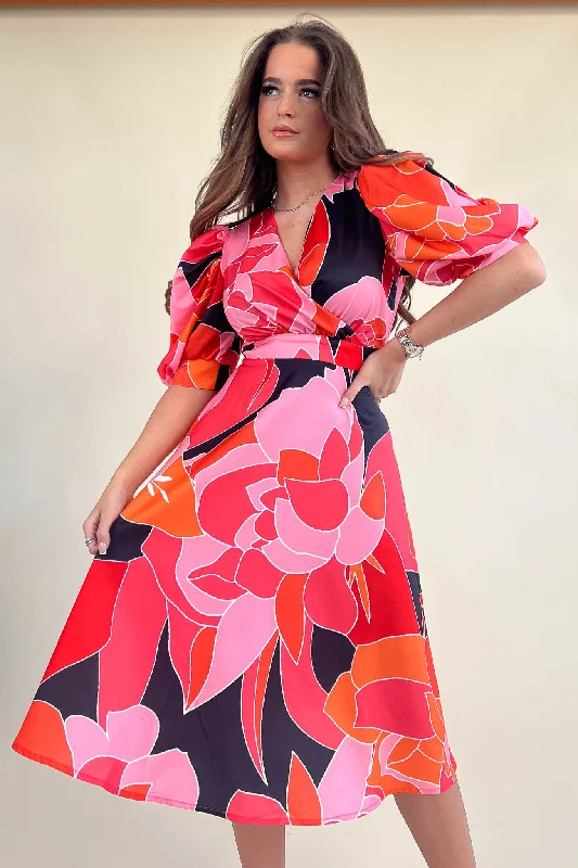 Nadine Pink & Orange Wrap Detail Midi Dress