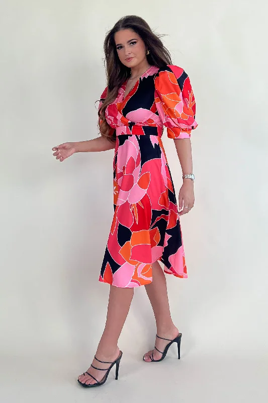 Nadine Pink & Orange Wrap Detail Midi Dress