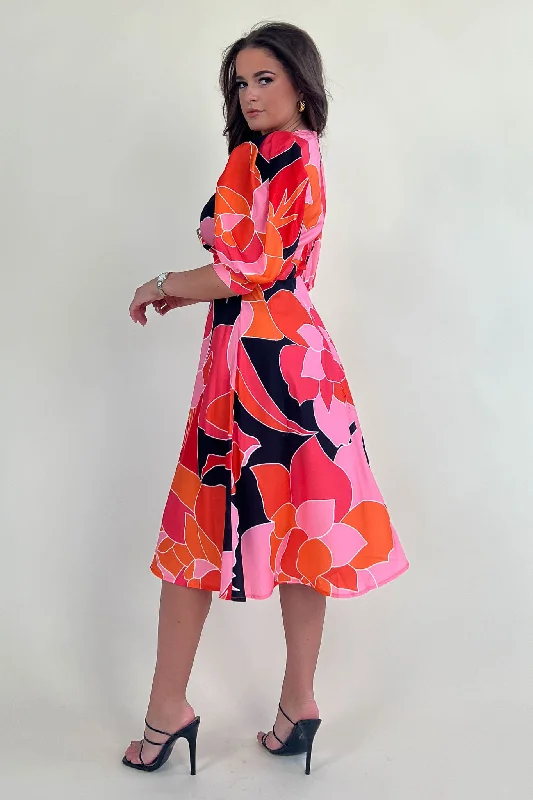 Nadine Pink & Orange Wrap Detail Midi Dress