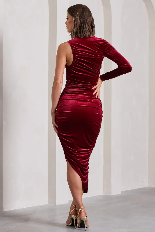 Northern Light | Berry Velvet Asymmetric One-Sleeved Midi Dress