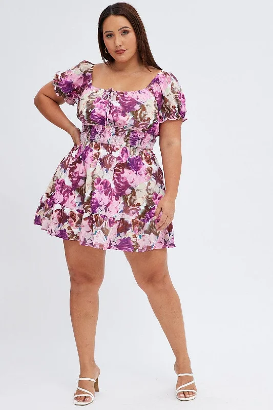 Pink Floral Fit And Flare Dress Short Sleeve Gathered Bust