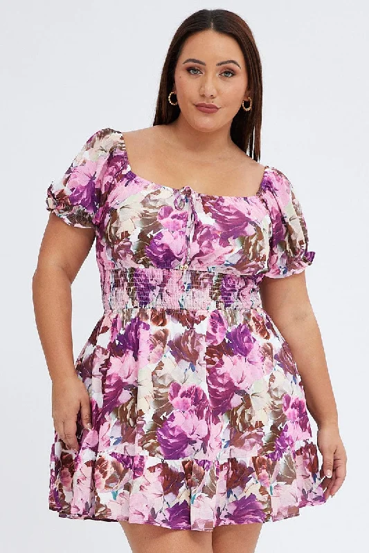 Pink Floral Fit And Flare Dress Short Sleeve Gathered Bust