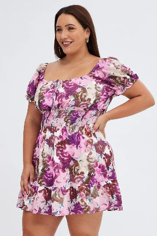 Pink Floral Fit And Flare Dress Short Sleeve Gathered Bust