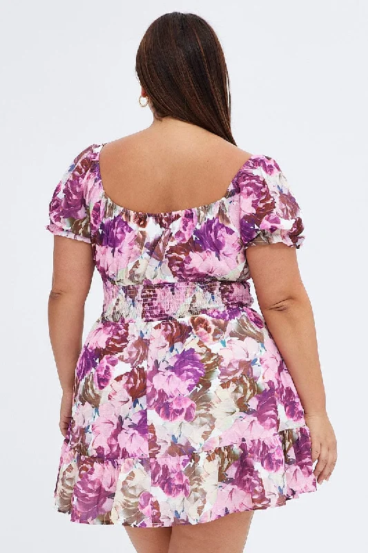 Pink Floral Fit And Flare Dress Short Sleeve Gathered Bust