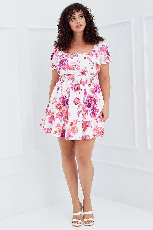 Pink Floral Fit And Flare Dress Short Sleeve Shirred Waist