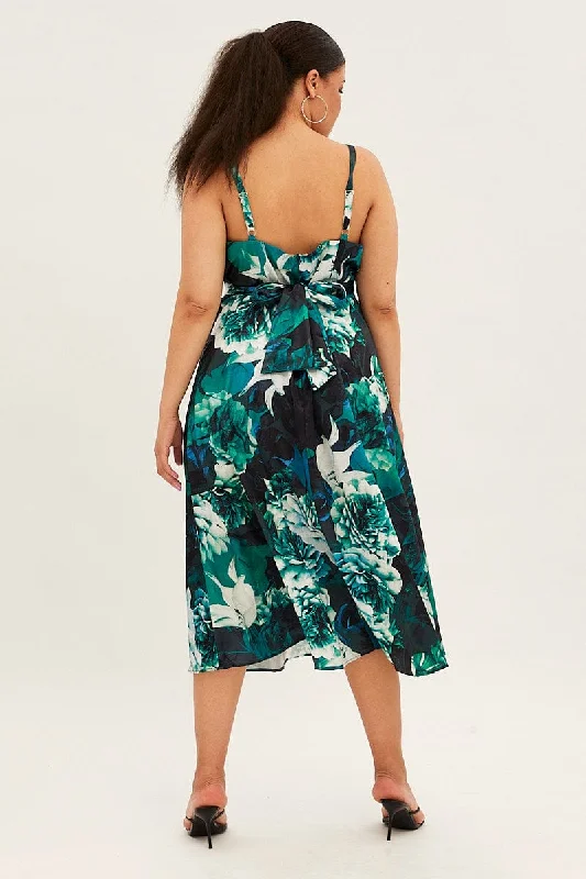 Print Midi Dress Shoestring Strap Tie Back Satin