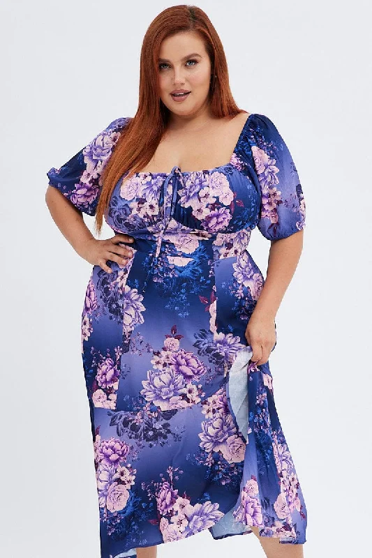 Purple Floral Midi Dress Short Sleeve Ruffle