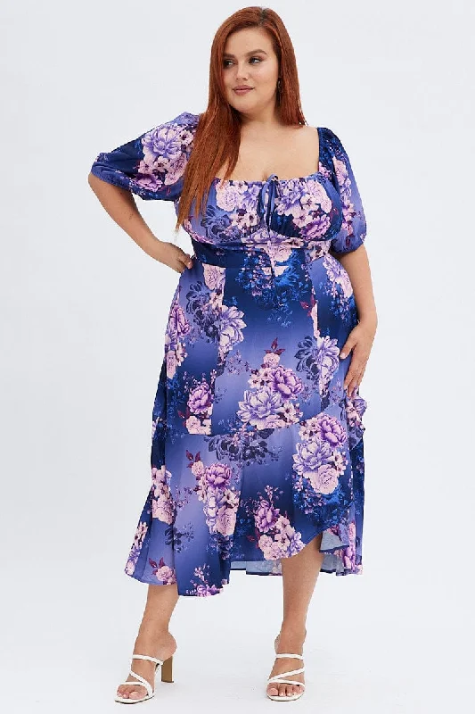 Purple Floral Midi Dress Short Sleeve Ruffle