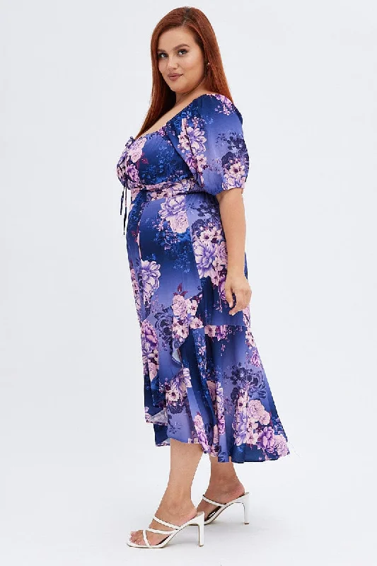 Purple Floral Midi Dress Short Sleeve Ruffle