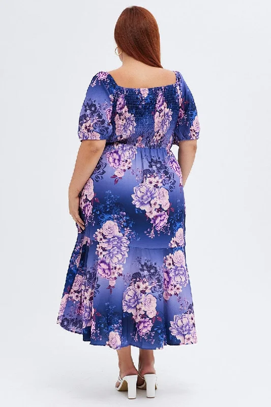 Purple Floral Midi Dress Short Sleeve Ruffle