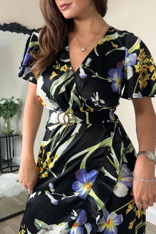 Quinn Black Floral Wrap Detail Midi Dress