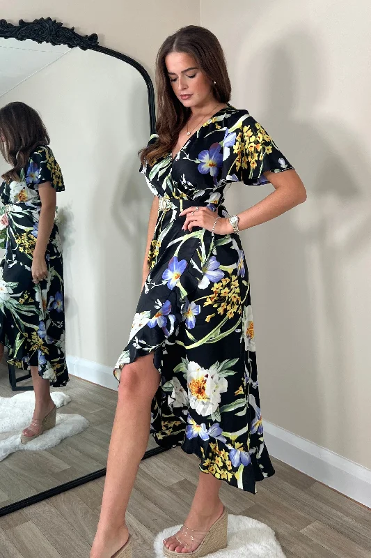 Quinn Black Floral Wrap Detail Midi Dress