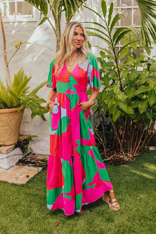 Sailboat Soiree Color Block Maxi in Hot Pink