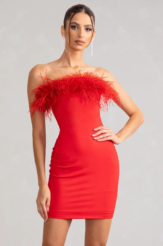 Stop The Show | Red Feather Trim Strapless Bodycon Mini Dress