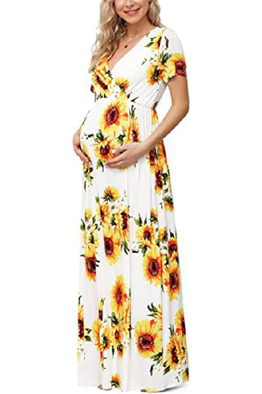 Sunflower Short Sleeves Cotton Maternity Dress Babyshower Dress