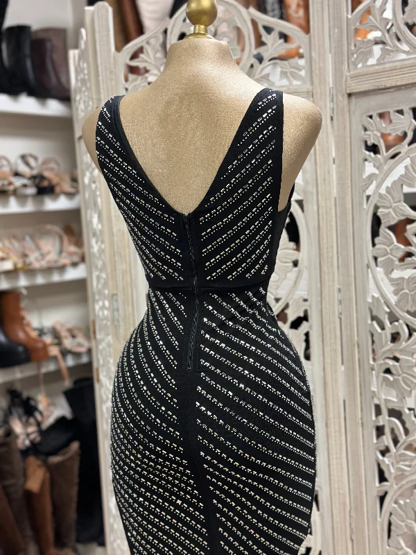 V Rhinestone Black Dress