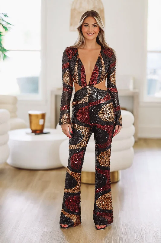 Vegas Swirl Sequin Jumpsuit - Black Multi