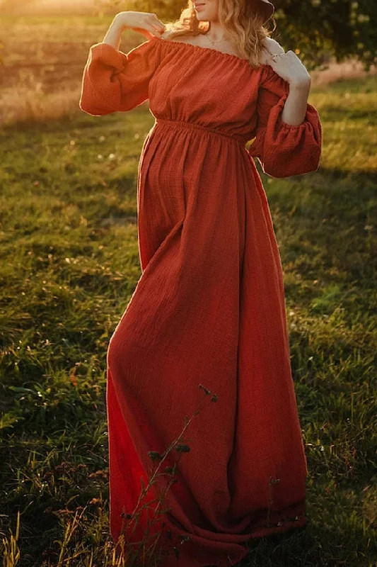 Vintage Boho Off-the-shoulder Maternity Maxi Dress