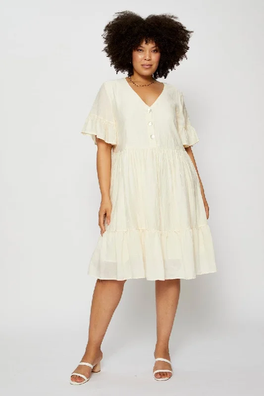 White Skater Dress V-neck Short Sleeve Ruffle Hem