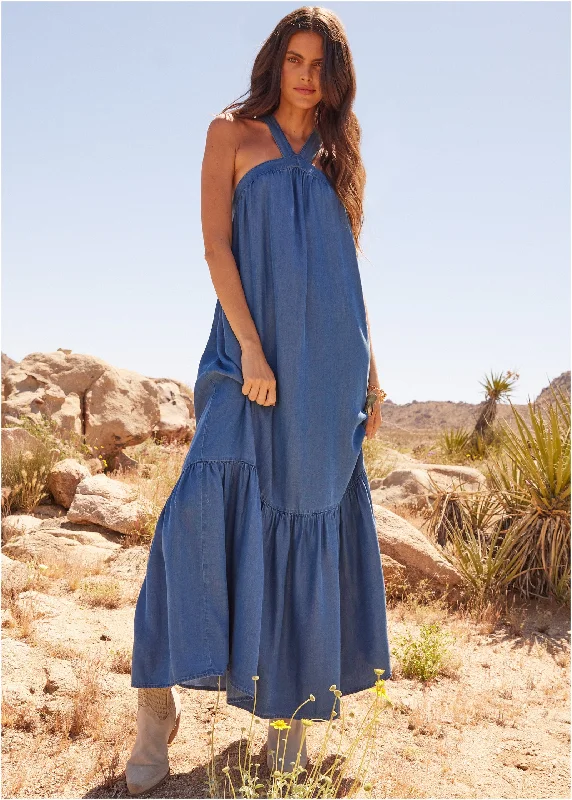 Chambray tiered maxi dress - Medium Wash