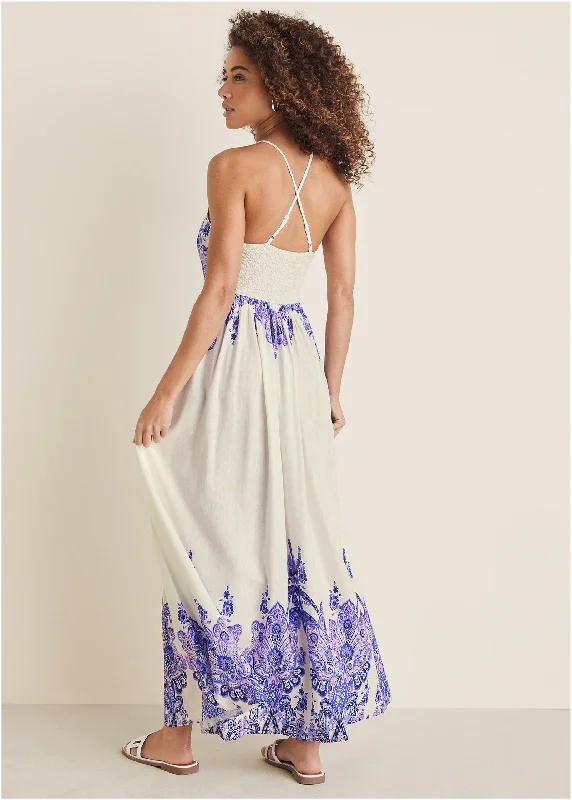 Printed linen maxi dress - Purple Paisley Border