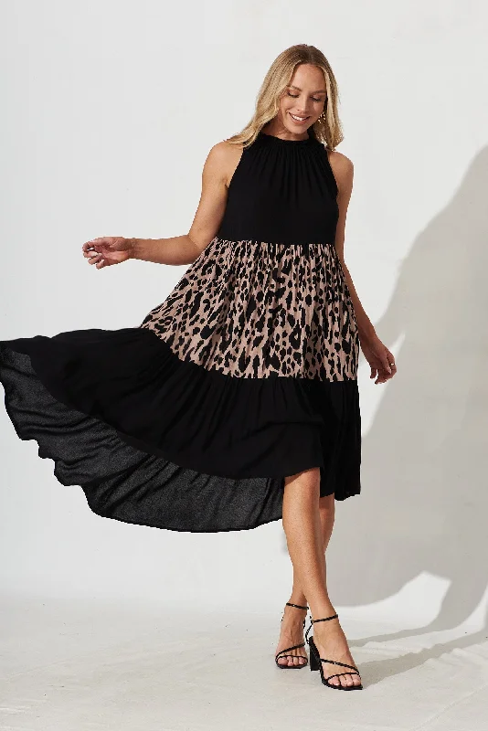 Abbotsford Midi Smock Dress In Black With Leopard Print