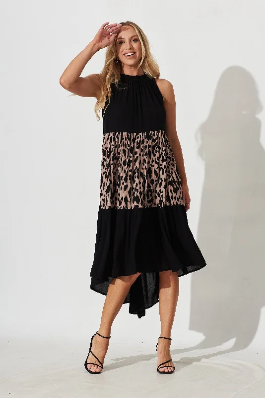 Abbotsford Midi Smock Dress In Black With Leopard Print