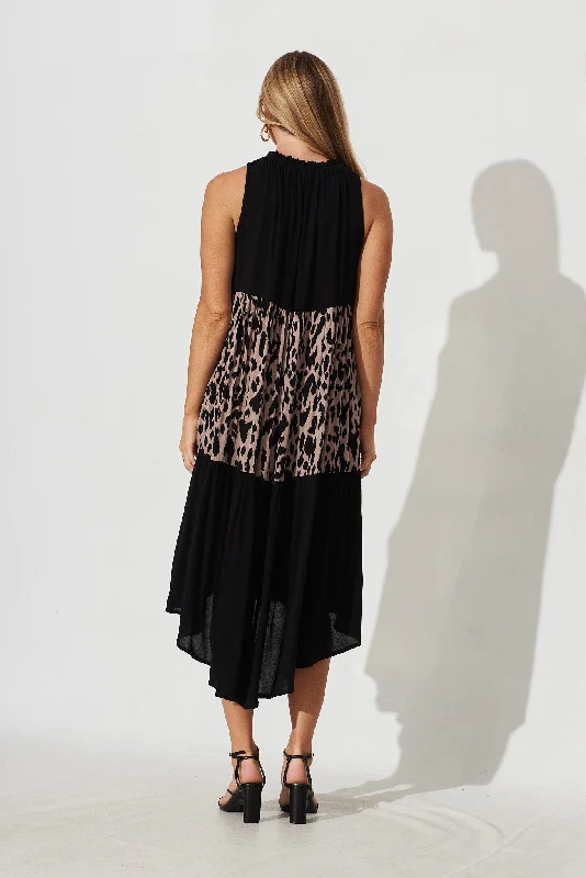 Abbotsford Midi Smock Dress In Black With Leopard Print