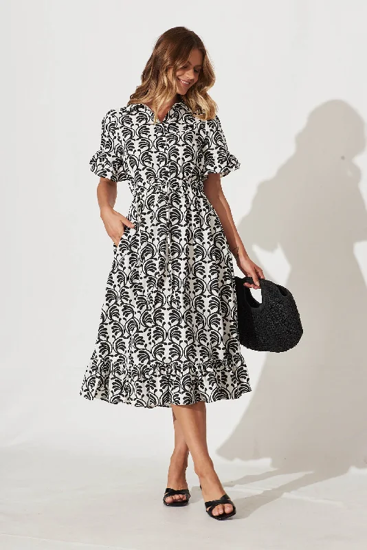 Aiken Midi Dress In Black With White Print Cotton