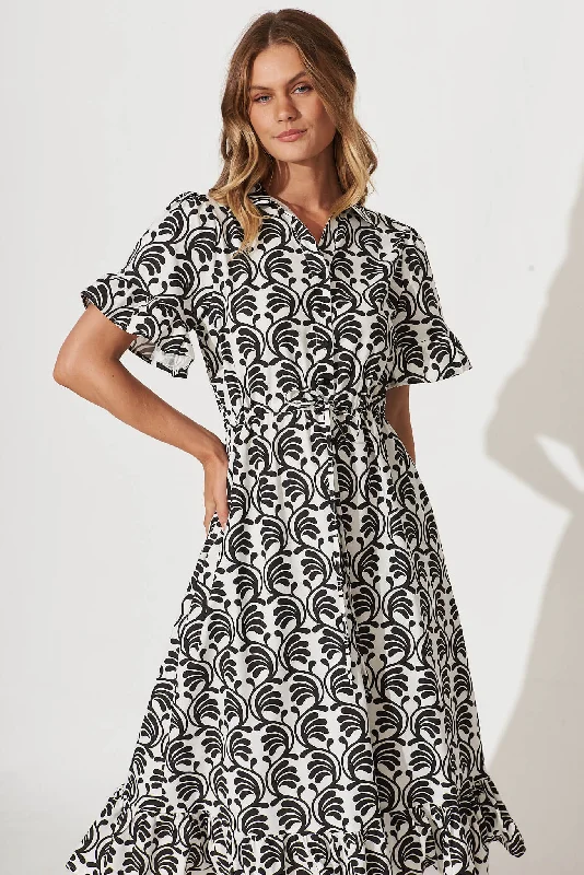 Aiken Midi Dress In Black With White Print Cotton