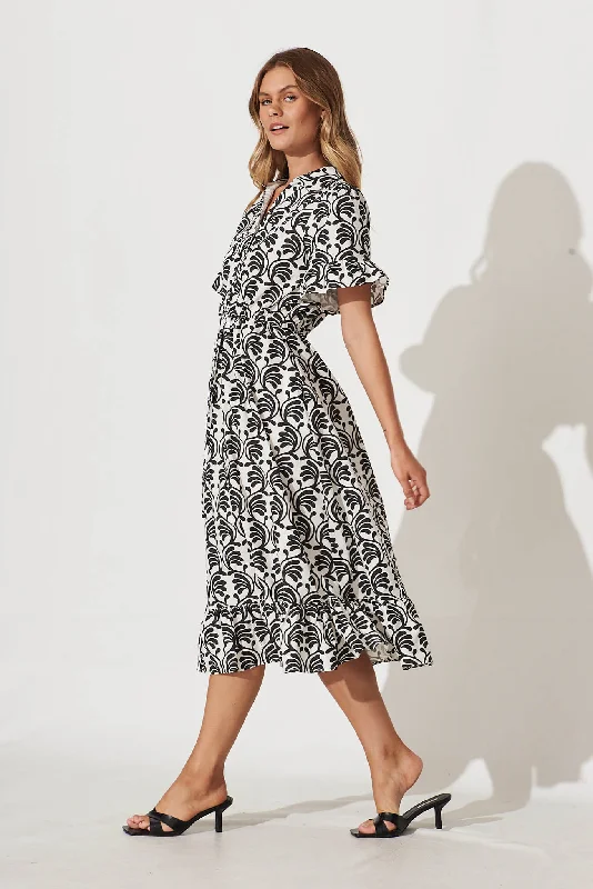 Aiken Midi Dress In Black With White Print Cotton